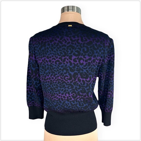 St. John Black Purple Blue Animal Leopard Print Button Front Cardigan Sweater P - Picture 3 of 4
